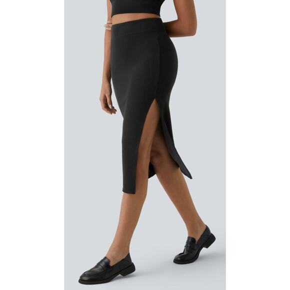 NWT Halara Women's Black High Waisted Split Bodycon Midi Skirt Size Large - Picture 1 of 7